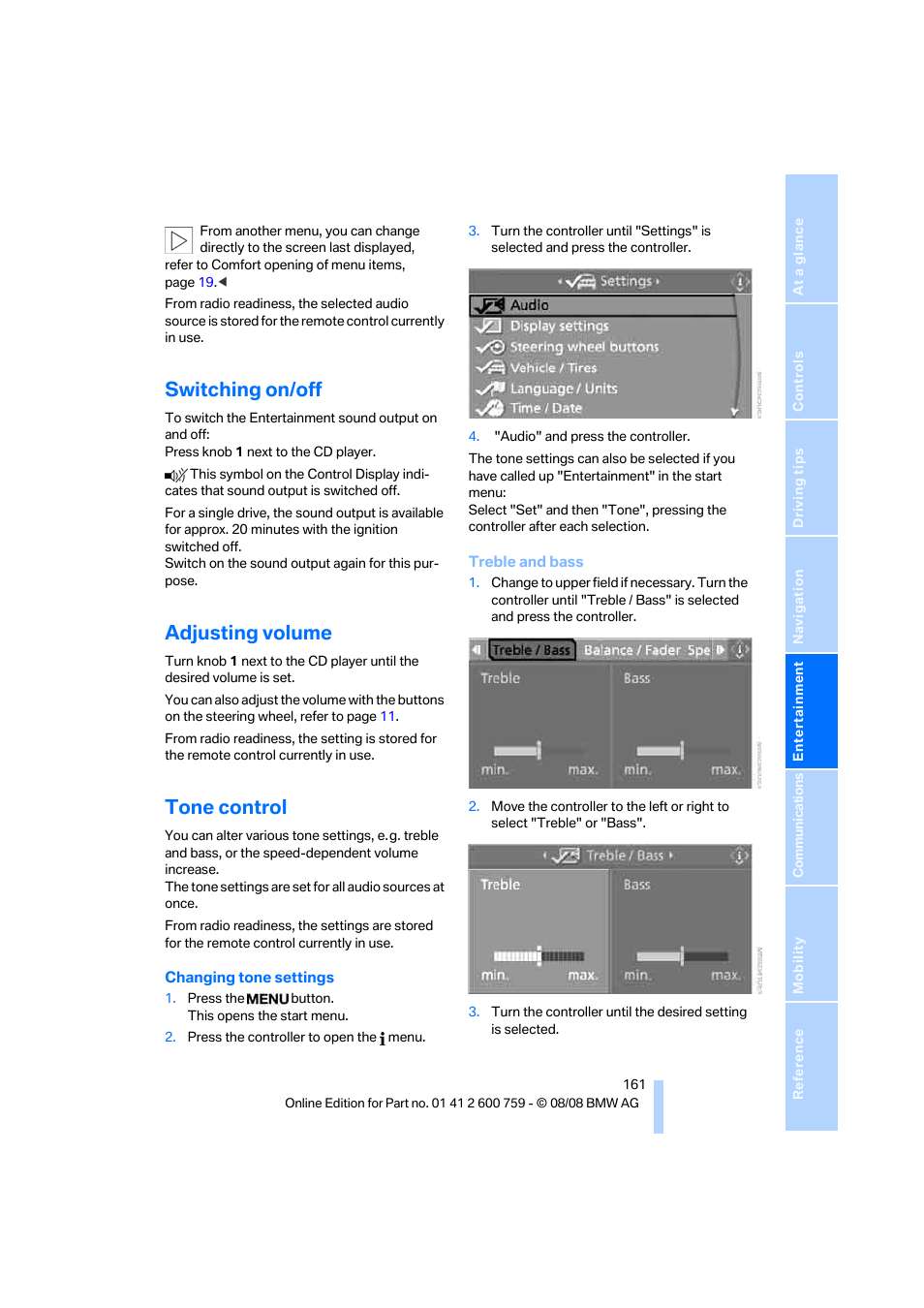 Switching on/off, Adjusting volume, Tone control | BMW 650i Convertible 2009 User Manual | Page 163 / 272