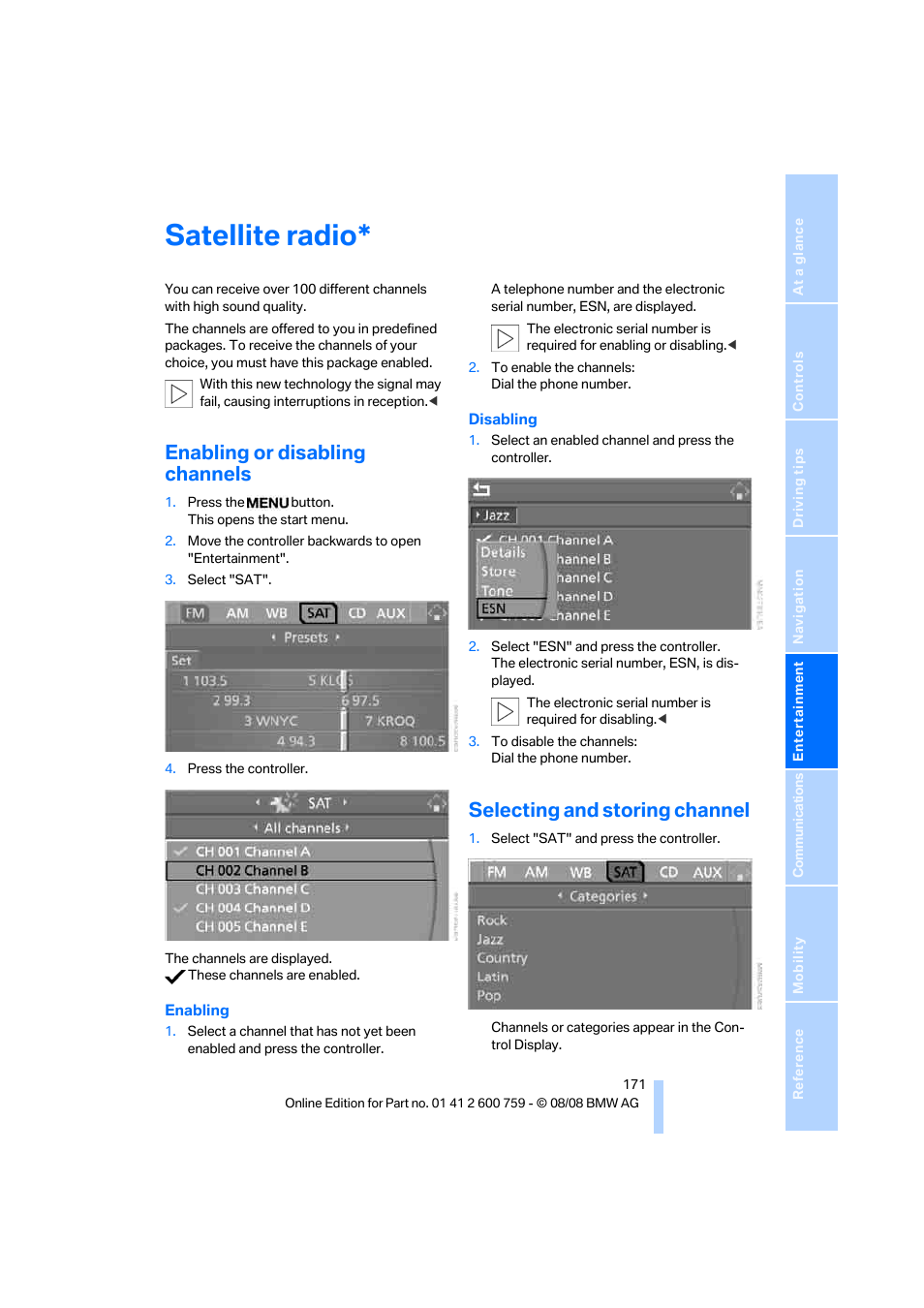 Satellite radio, Enabling or disabling channels, Selecting and storing channel | BMW 650i Convertible 2009 User Manual | Page 173 / 272