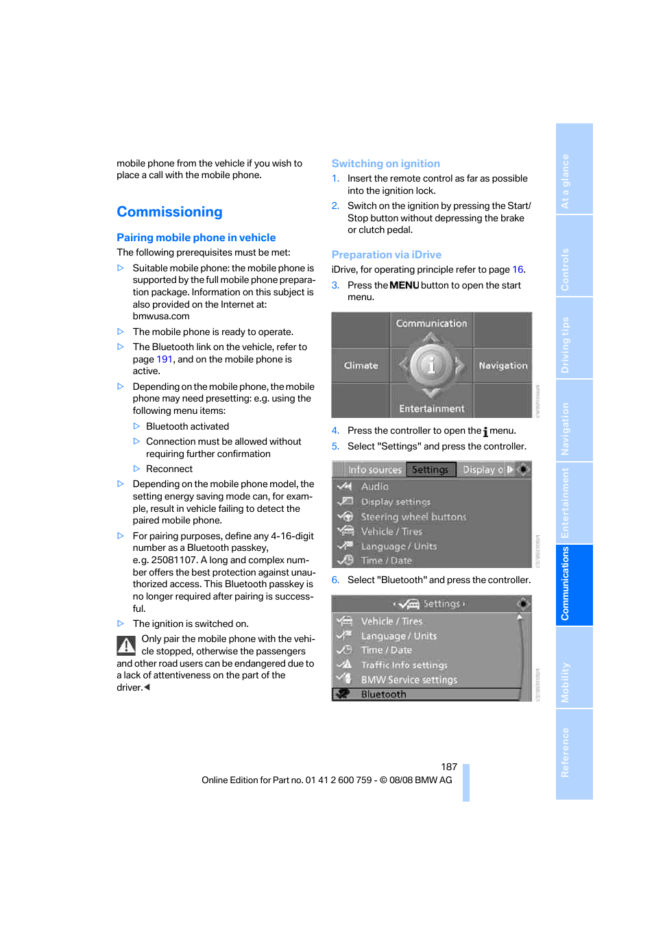 Commissioning | BMW 650i Convertible 2009 User Manual | Page 189 / 272