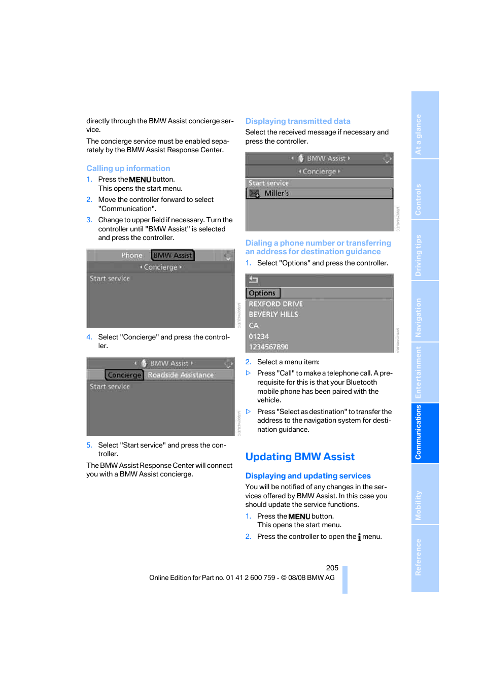 Updating bmw assist | BMW 650i Convertible 2009 User Manual | Page 207 / 272