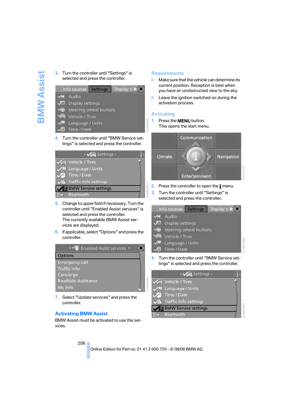 Bmw assist | BMW 650i Convertible 2009 User Manual | Page 208 / 272