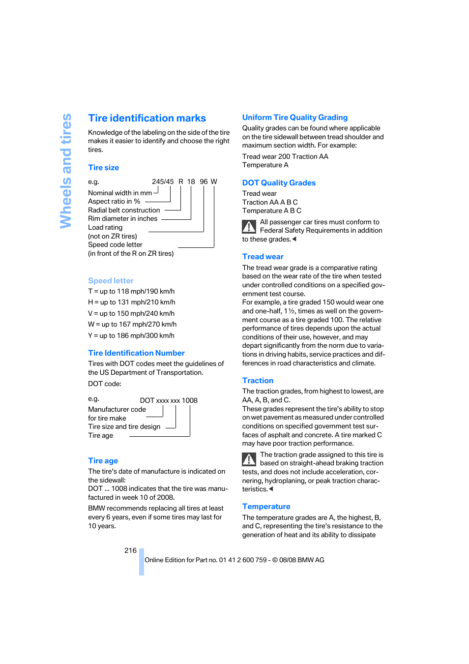 Tire identification marks, Wheels and tires | BMW 650i Convertible 2009 User Manual | Page 218 / 272