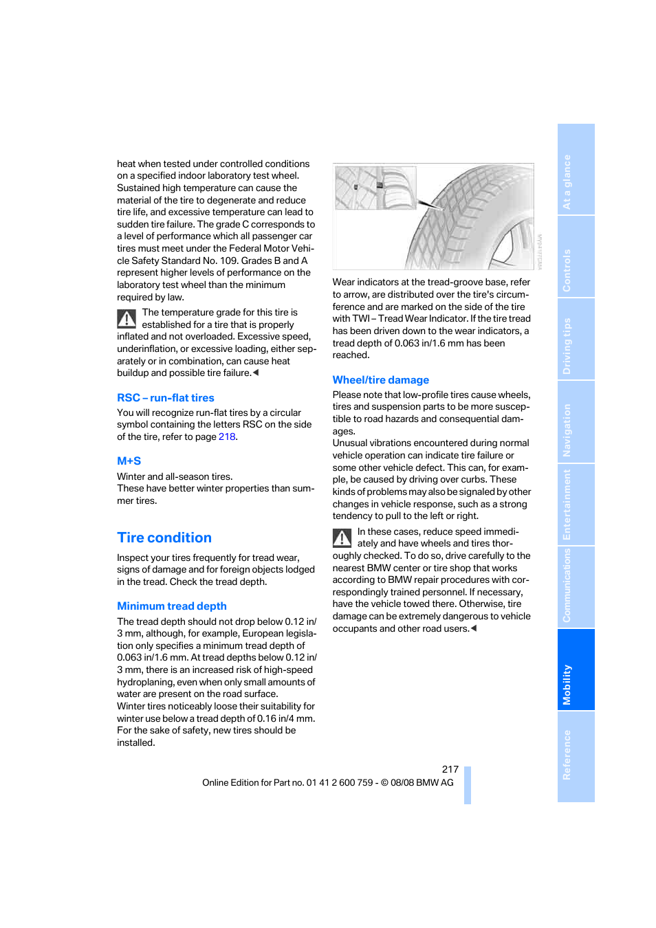 Tire condition | BMW 650i Convertible 2009 User Manual | Page 219 / 272