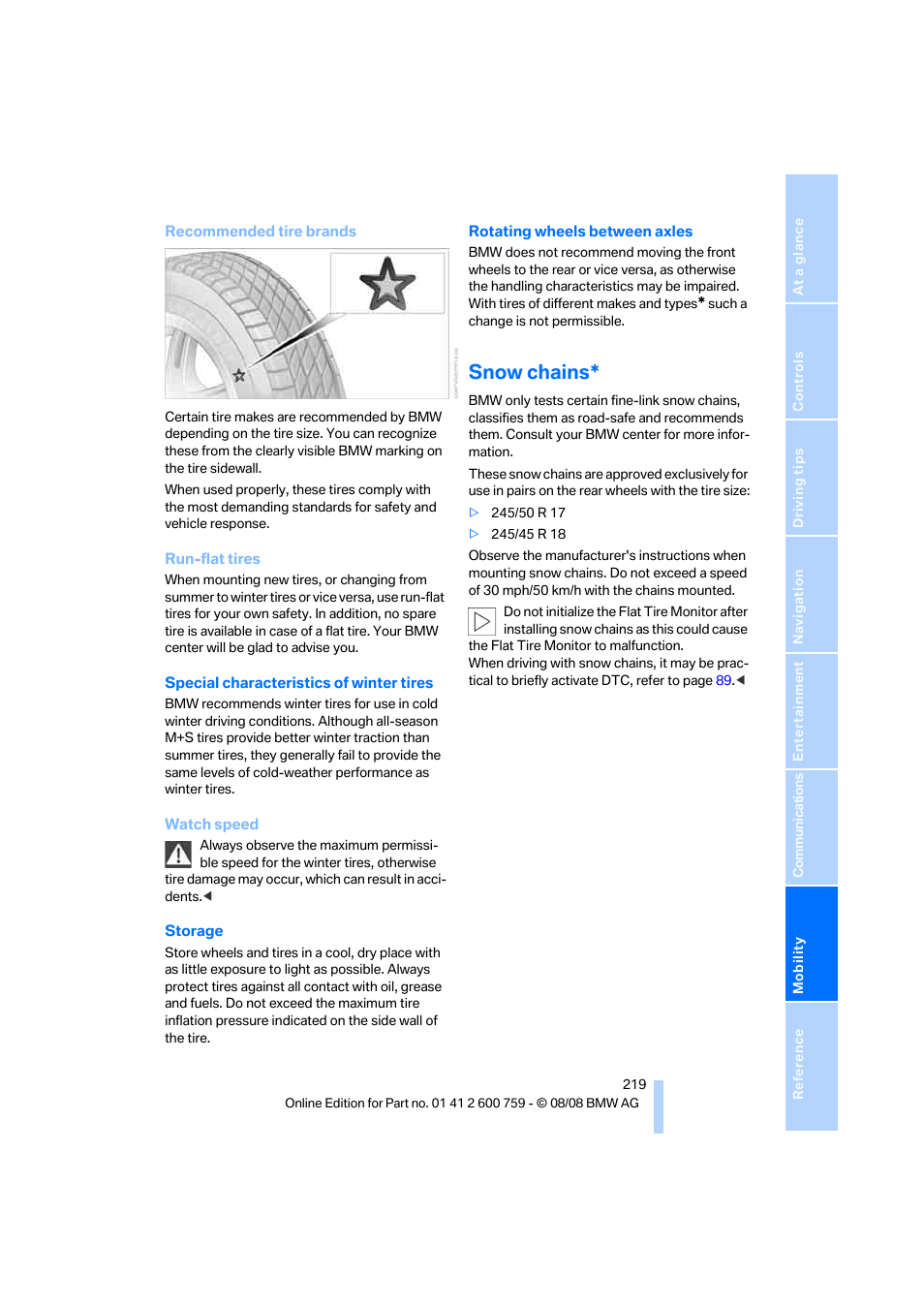 Snow chains | BMW 650i Convertible 2009 User Manual | Page 221 / 272