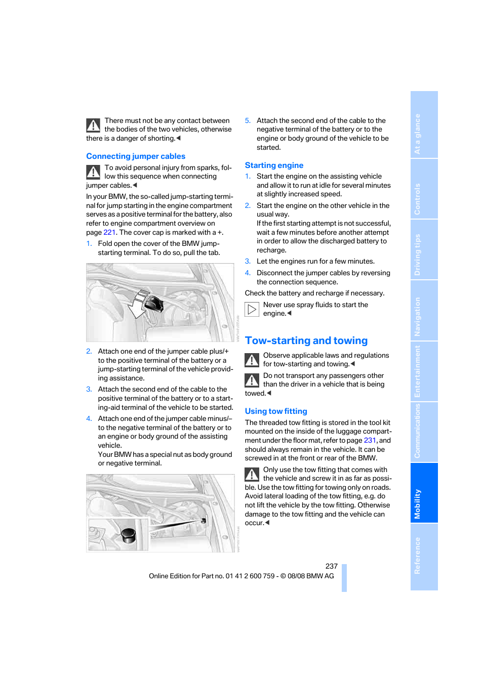 Tow-starting and towing | BMW 650i Convertible 2009 User Manual | Page 239 / 272