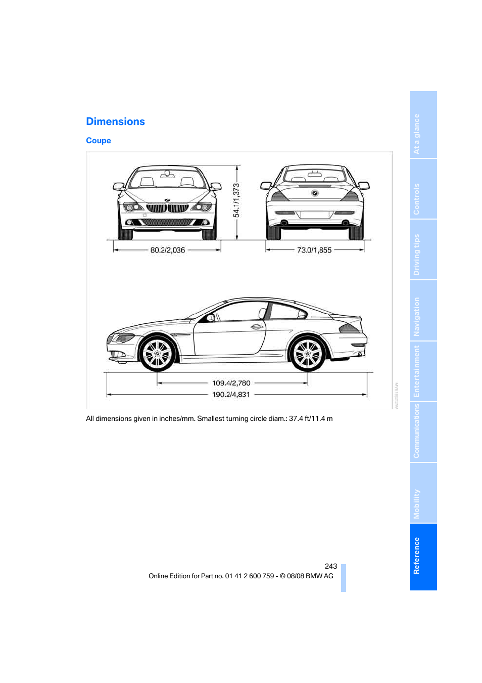 Dimensions | BMW 650i Convertible 2009 User Manual | Page 245 / 272