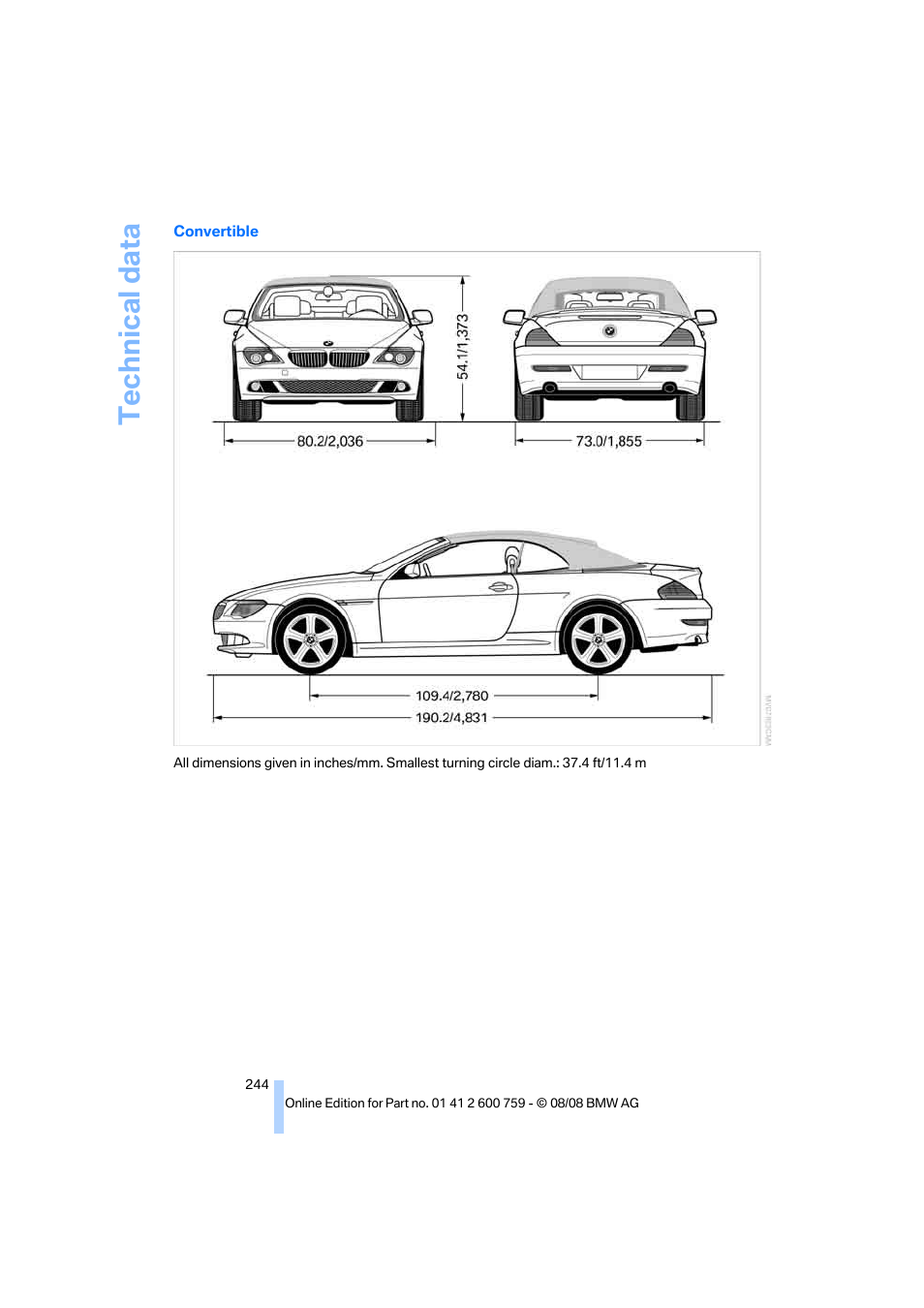 Technical data | BMW 650i Convertible 2009 User Manual | Page 246 / 272