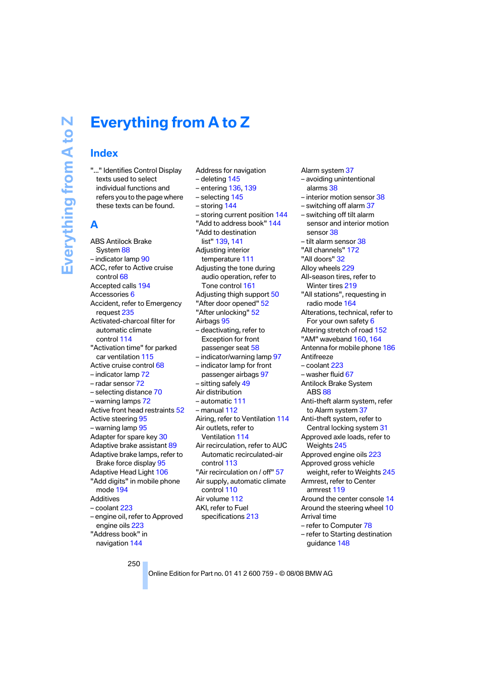 Everything from a to z, Index | BMW 650i Convertible 2009 User Manual | Page 252 / 272