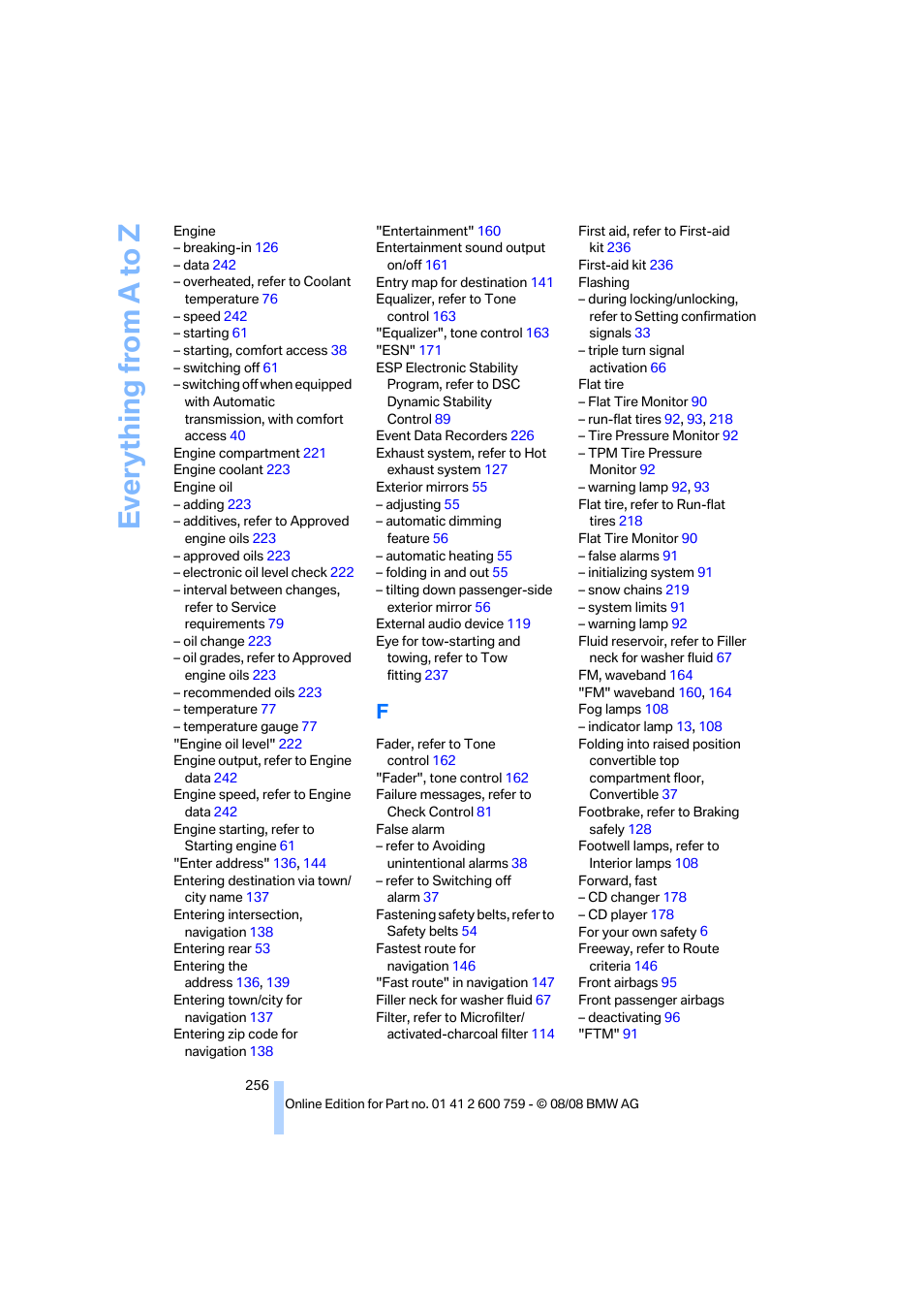 Everything from a to z | BMW 650i Convertible 2009 User Manual | Page 258 / 272