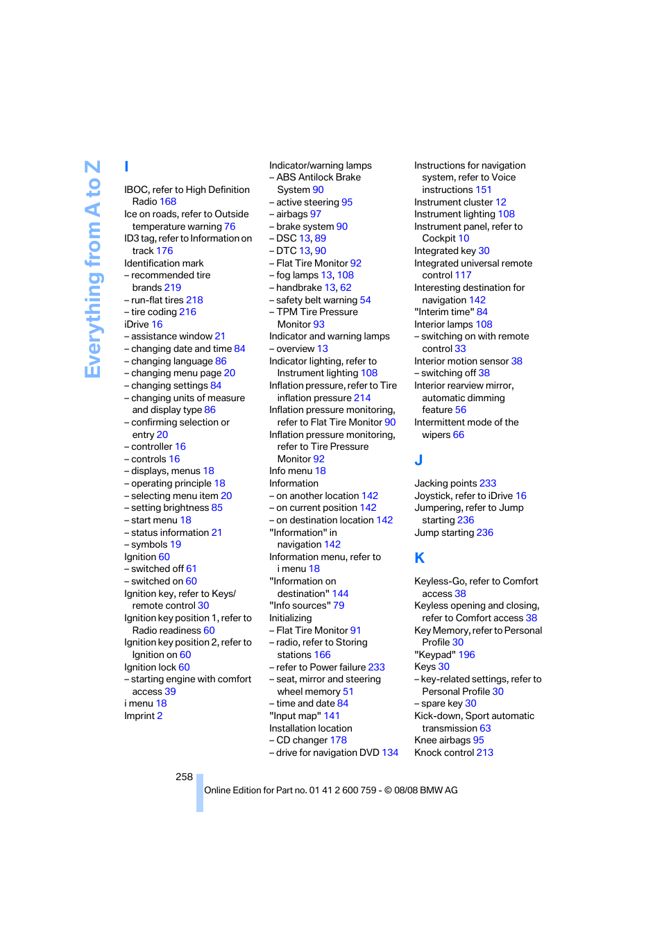 Everything from a to z | BMW 650i Convertible 2009 User Manual | Page 260 / 272