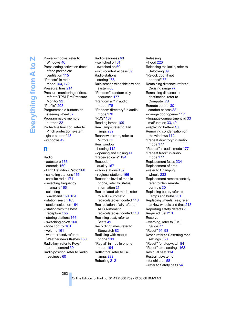 Everything from a to z | BMW 650i Convertible 2009 User Manual | Page 264 / 272