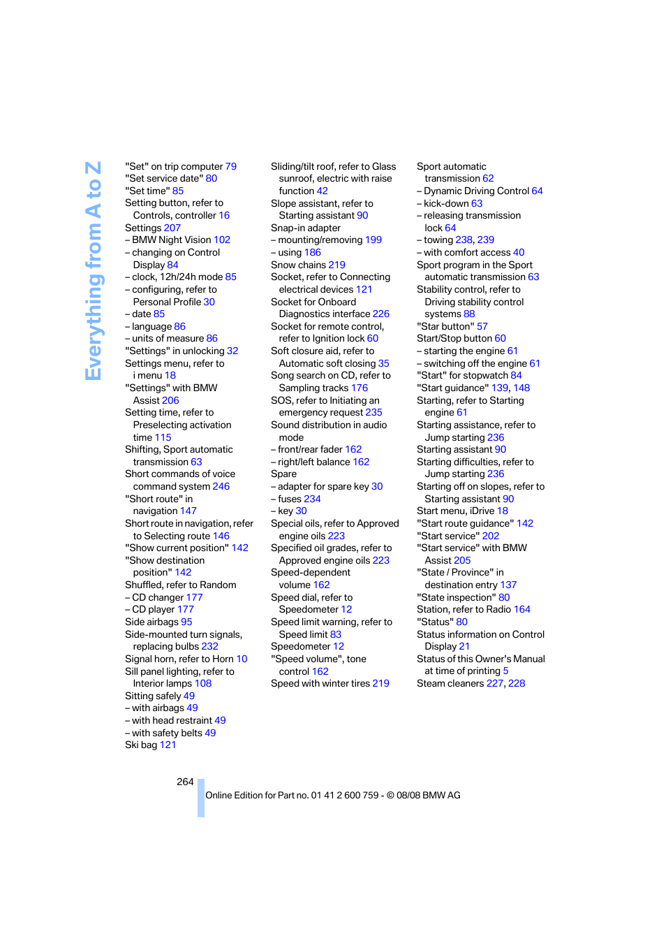 Everything from a to z | BMW 650i Convertible 2009 User Manual | Page 266 / 272