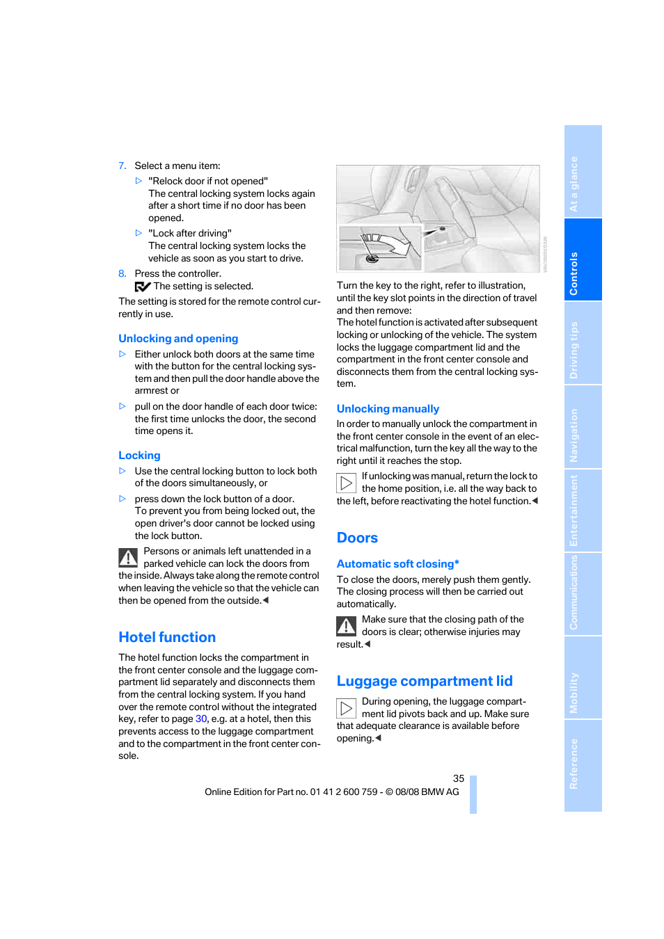 Hotel function, Doors, Luggage compartment lid | BMW 650i Convertible 2009 User Manual | Page 37 / 272
