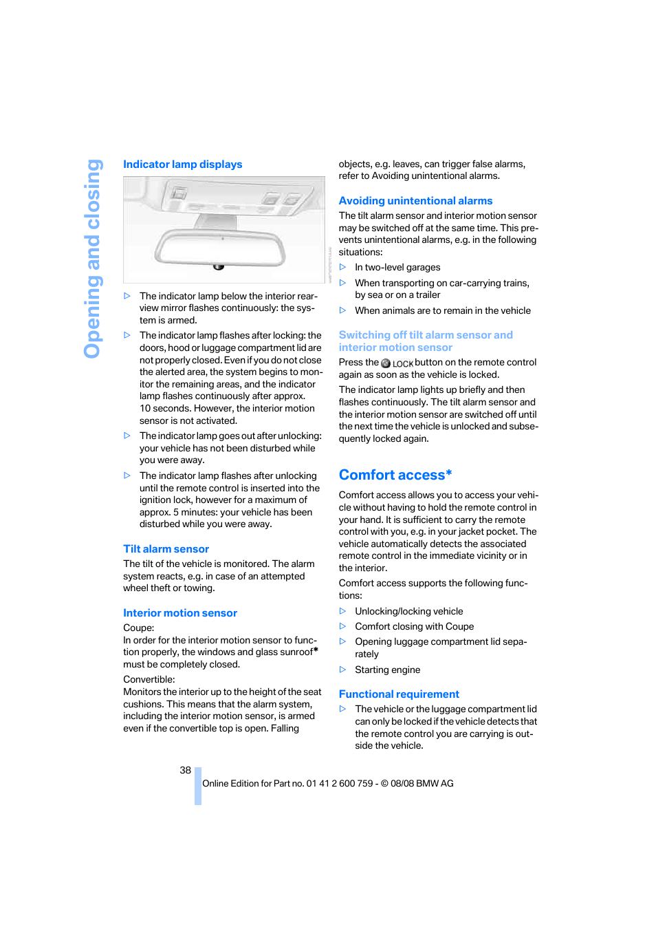 Comfort access, Opening and closing | BMW 650i Convertible 2009 User Manual | Page 40 / 272