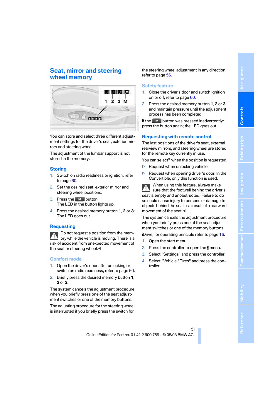 Seat, mirror and steering wheel memory | BMW 650i Convertible 2009 User Manual | Page 53 / 272