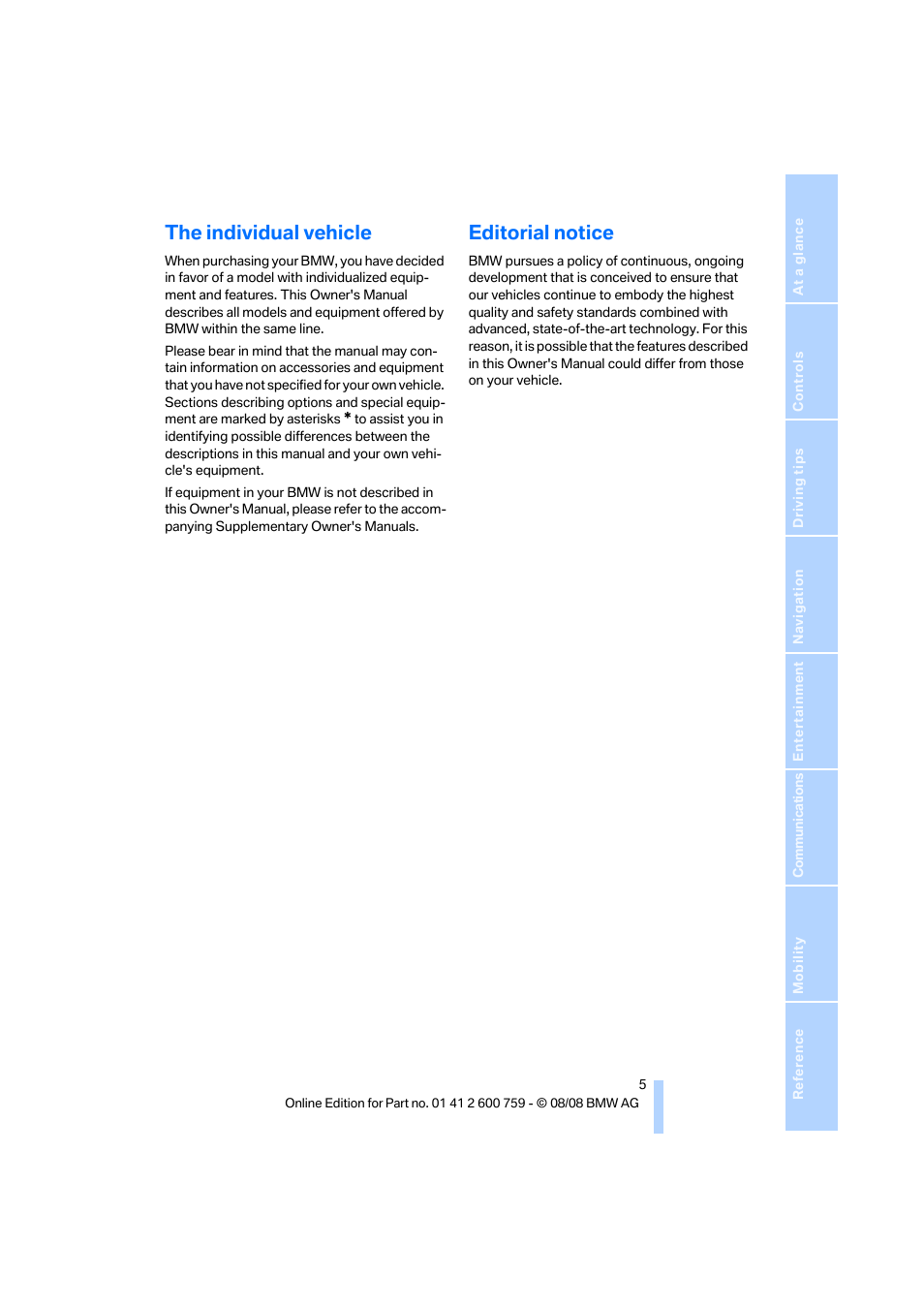 The individual vehicle, Editorial notice | BMW 650i Convertible 2009 User Manual | Page 7 / 272