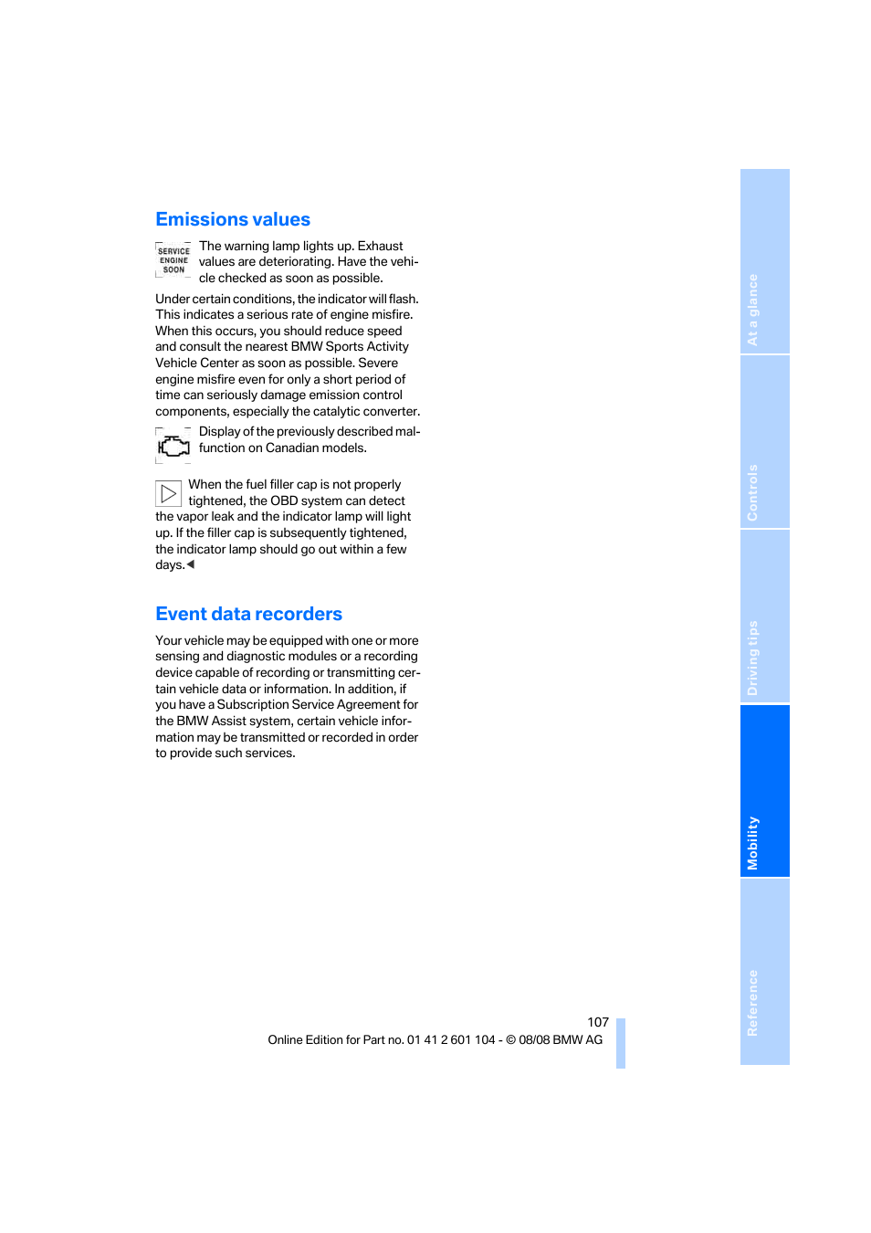 Emissions values, Event data recorders | BMW X3 xDrive30i 2009 User Manual | Page 109 / 146