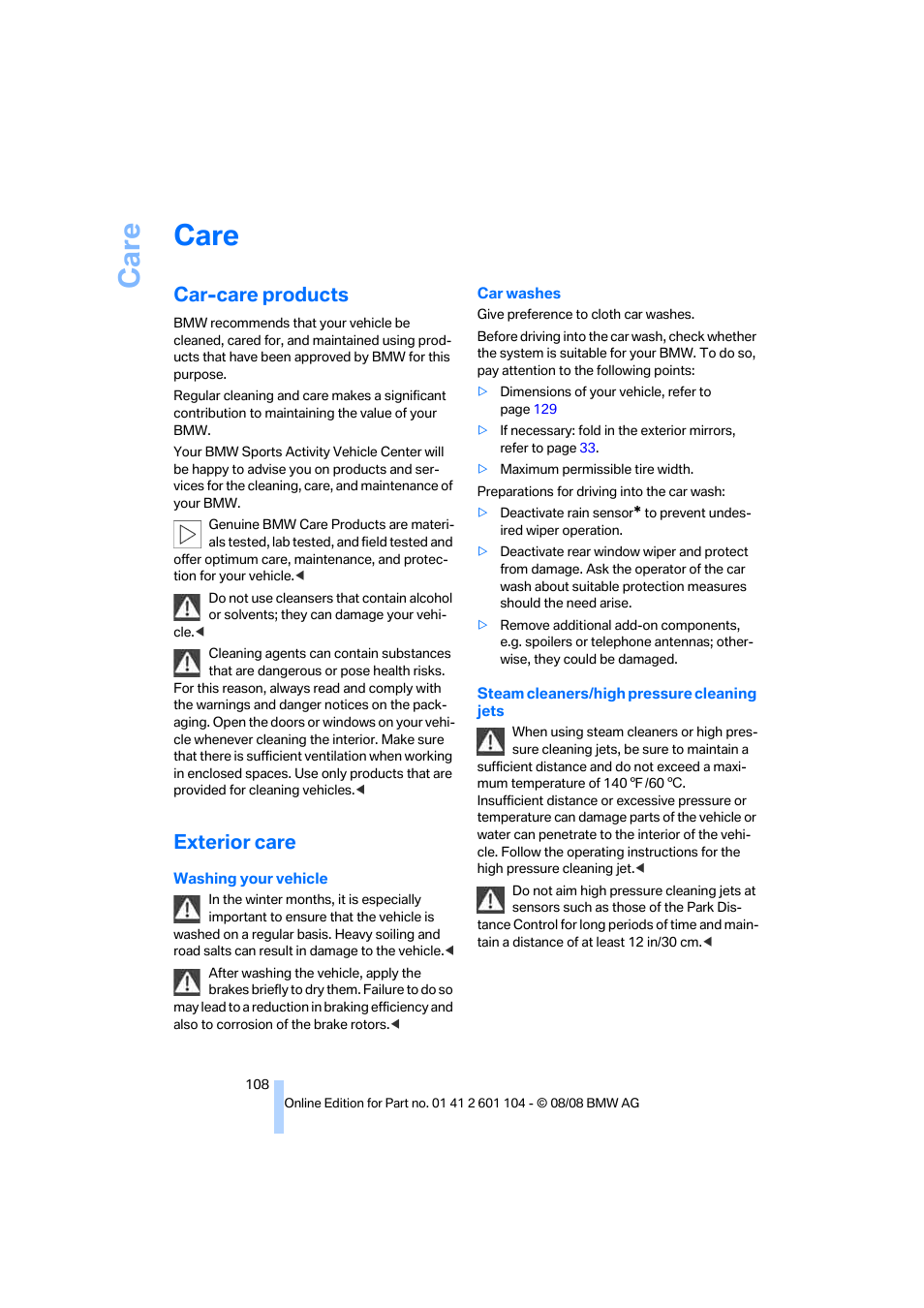 Care, Car-care products, Exterior care | BMW X3 xDrive30i 2009 User Manual | Page 110 / 146