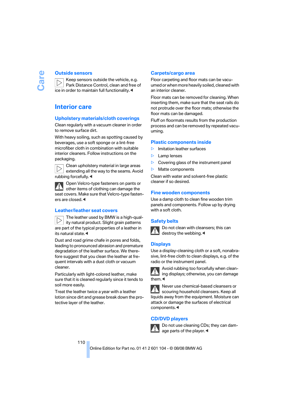 Interior care, Care | BMW X3 xDrive30i 2009 User Manual | Page 112 / 146