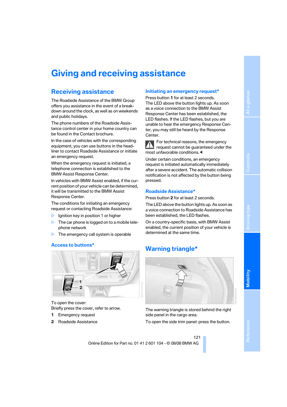 Giving and receiving assistance, Receiving assistance, Warning triangle | BMW X3 xDrive30i 2009 User Manual | Page 123 / 146