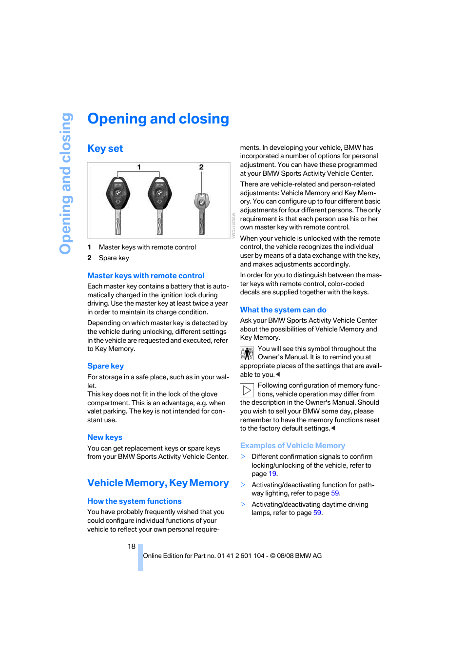 Opening and closing, Key set, Vehicle memory, key memory | Controls | BMW X3 xDrive30i 2009 User Manual | Page 20 / 146