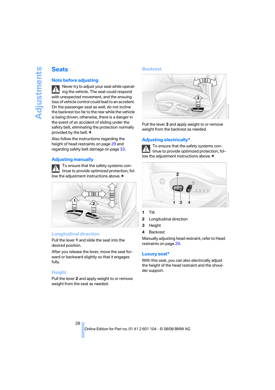 Seats, Adjustments | BMW X3 xDrive30i 2009 User Manual | Page 30 / 146