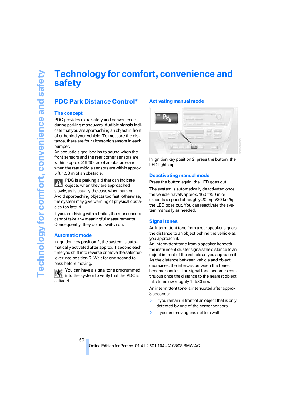 Technology for comfort, convenience and safety, Pdc park distance control | BMW X3 xDrive30i 2009 User Manual | Page 52 / 146