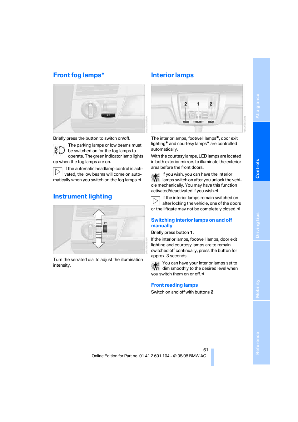 Front fog lamps, Instrument lighting, Interior lamps | BMW X3 xDrive30i 2009 User Manual | Page 63 / 146