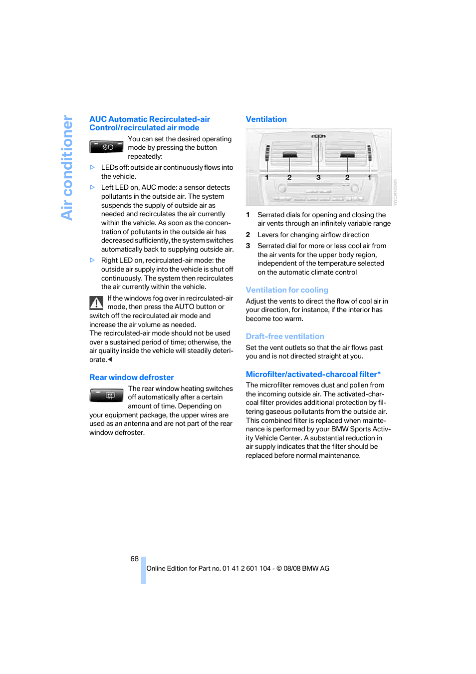 Air condit ioner | BMW X3 xDrive30i 2009 User Manual | Page 70 / 146