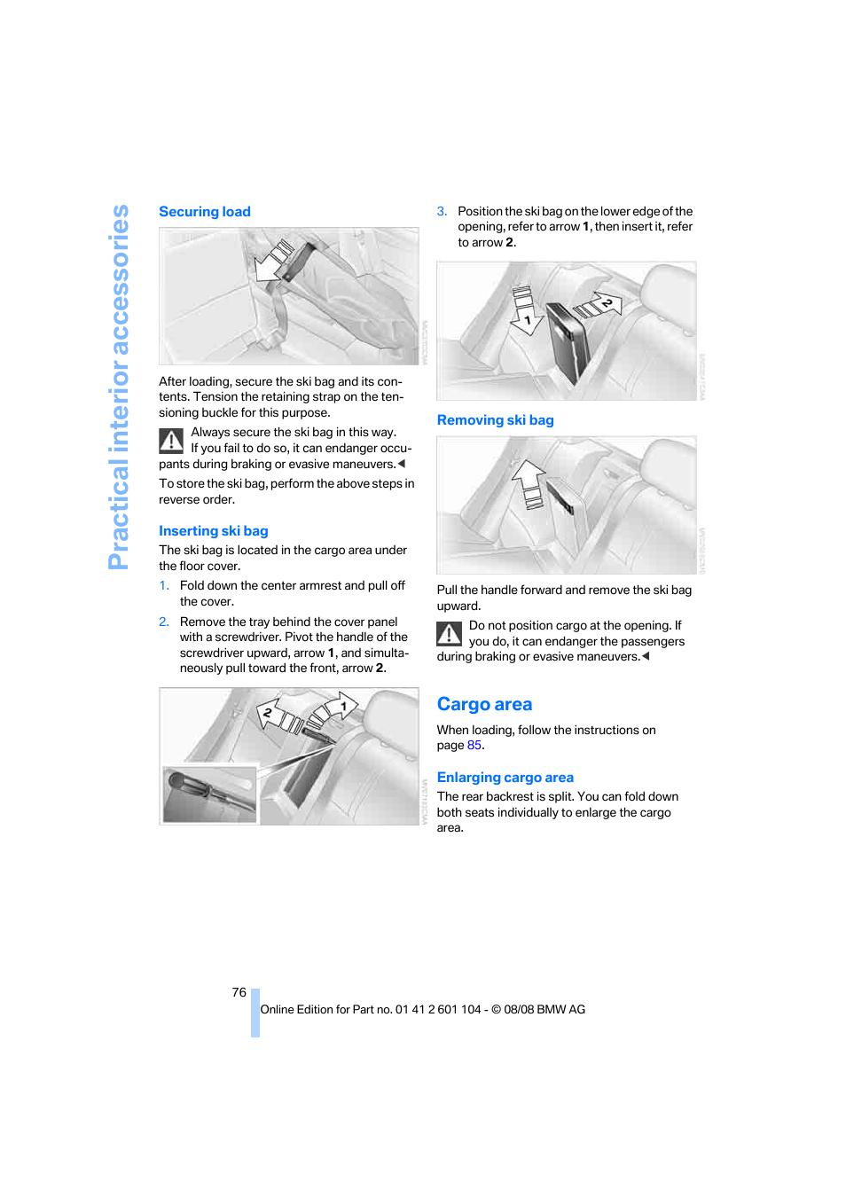 Cargo area, Practical interior accessories | BMW X3 xDrive30i 2009 User Manual | Page 78 / 146