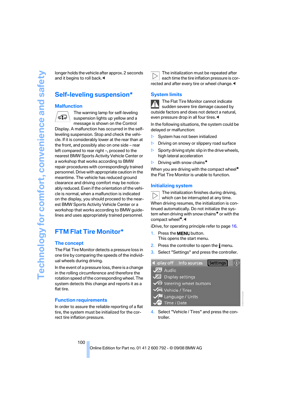 Self-leveling suspension, Ftm flat tire monitor, Technology for comfort, convenience and safety | BMW X5 xDrive35d 2009 User Manual | Page 102 / 317