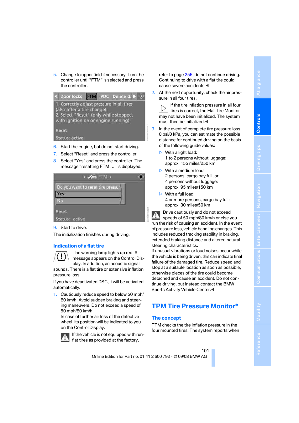 Tpm tire pressure monitor | BMW X5 xDrive35d 2009 User Manual | Page 103 / 317