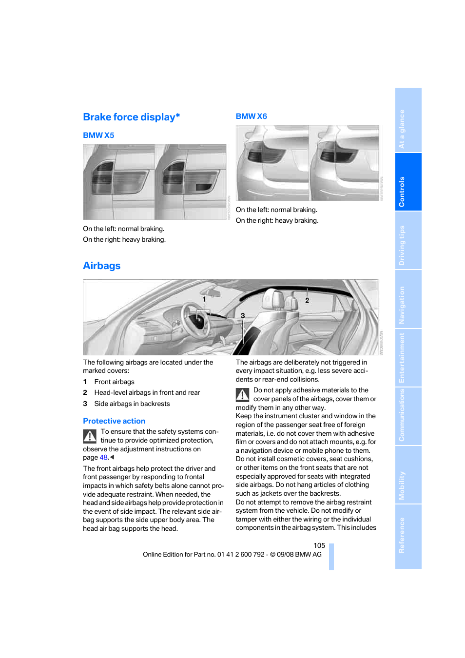 Brake force display, Airbags | BMW X5 xDrive35d 2009 User Manual | Page 107 / 317