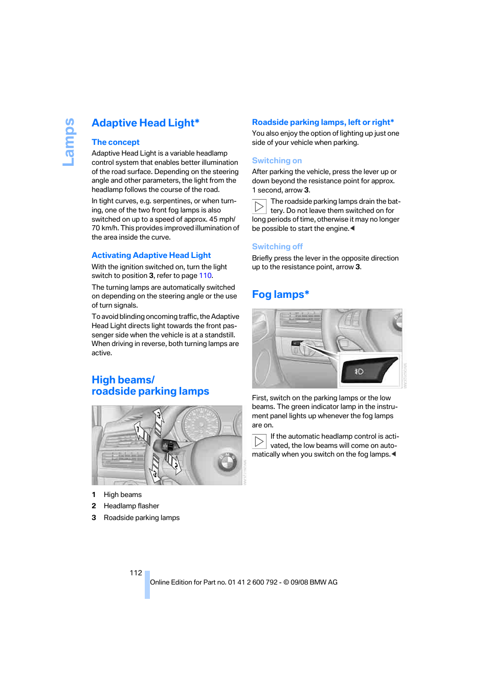 Adaptive head light, High beams/ roadside parking lamps, Fog lamps | La mps | BMW X5 xDrive35d 2009 User Manual | Page 114 / 317