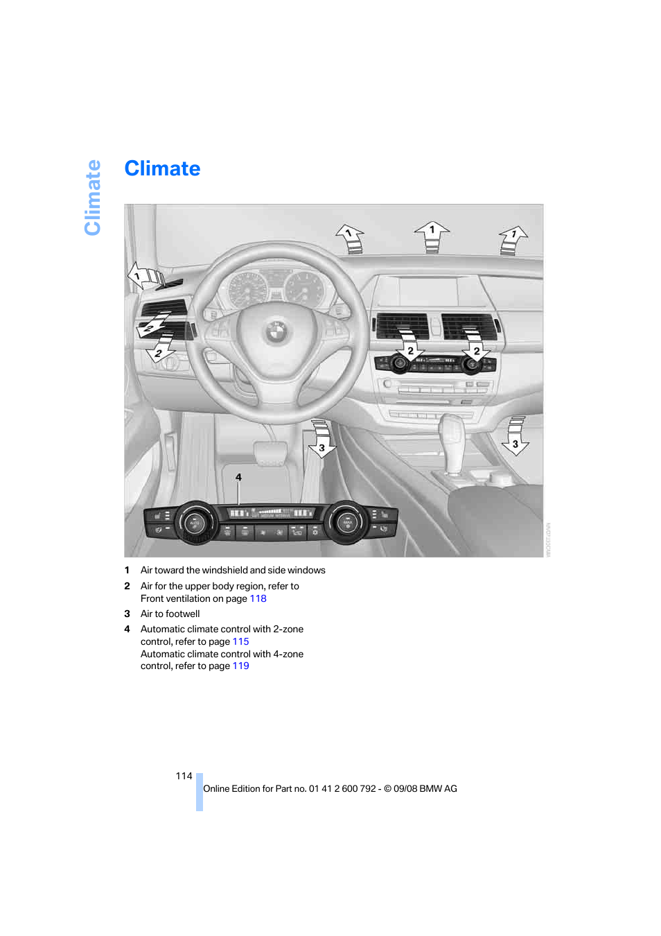 Climate | BMW X5 xDrive35d 2009 User Manual | Page 116 / 317