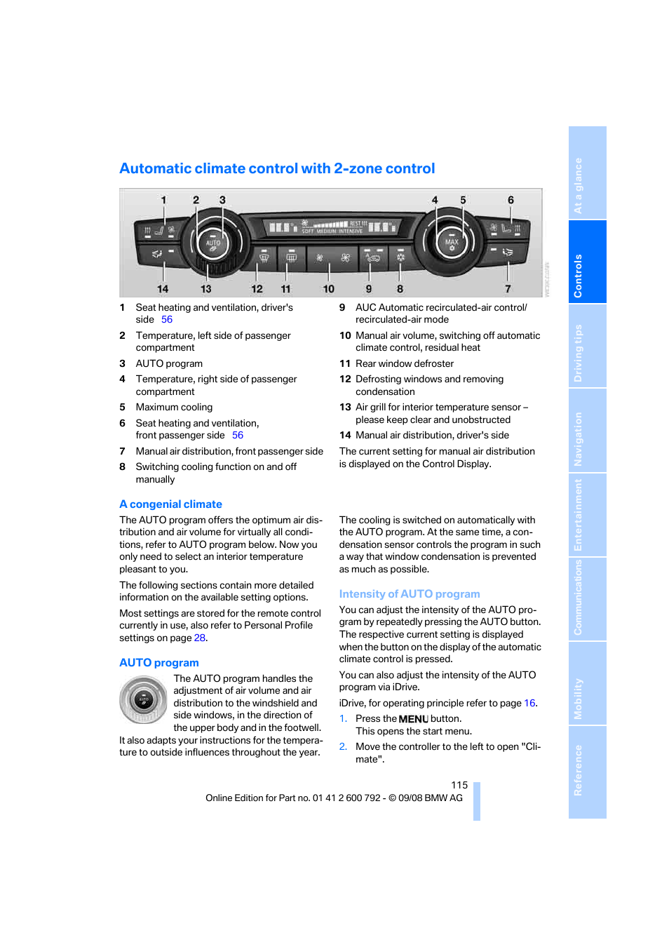 Automatic climate control with 2-zone control, Volume | BMW X5 xDrive35d 2009 User Manual | Page 117 / 317