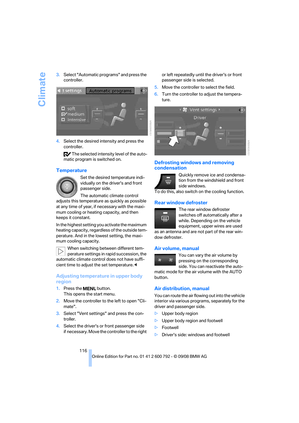 Bution, Climate | BMW X5 xDrive35d 2009 User Manual | Page 118 / 317