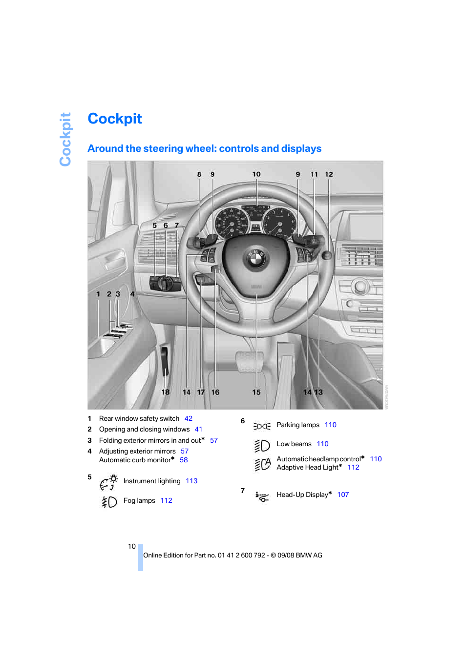 Cockpit, Around the steering wheel: controls and displays, At a glan | BMW X5 xDrive35d 2009 User Manual | Page 12 / 317