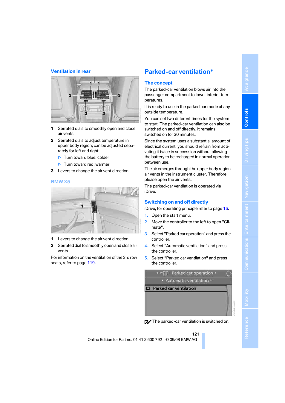 Parked-car ventilation | BMW X5 xDrive35d 2009 User Manual | Page 123 / 317