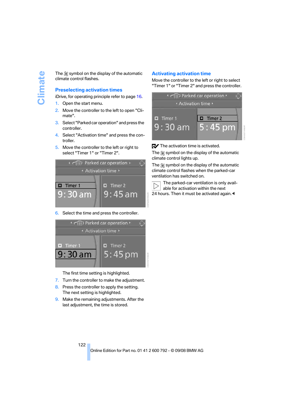 Climate | BMW X5 xDrive35d 2009 User Manual | Page 124 / 317