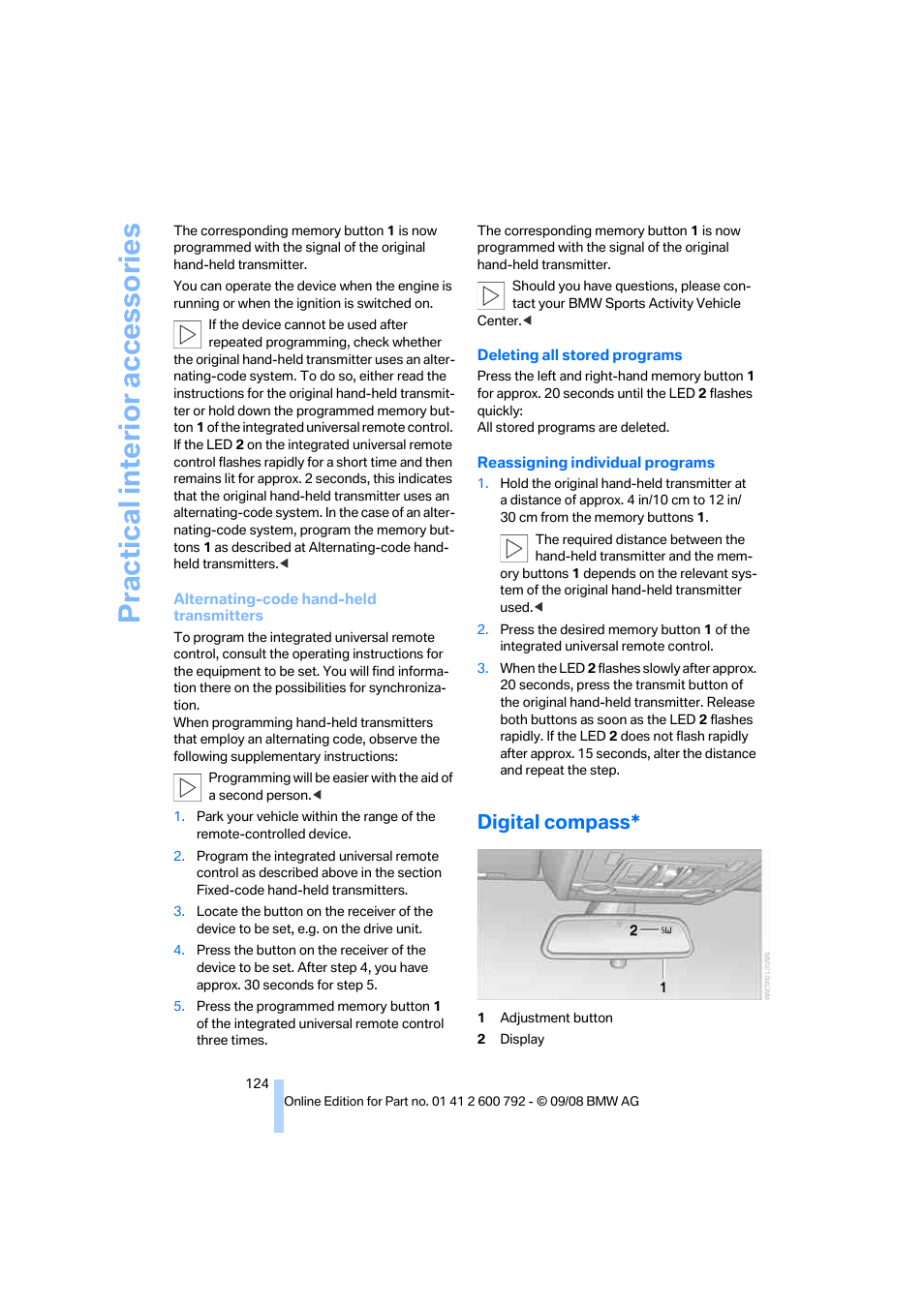 Digital compass, Practical interior accessories | BMW X5 xDrive35d 2009 User Manual | Page 126 / 317