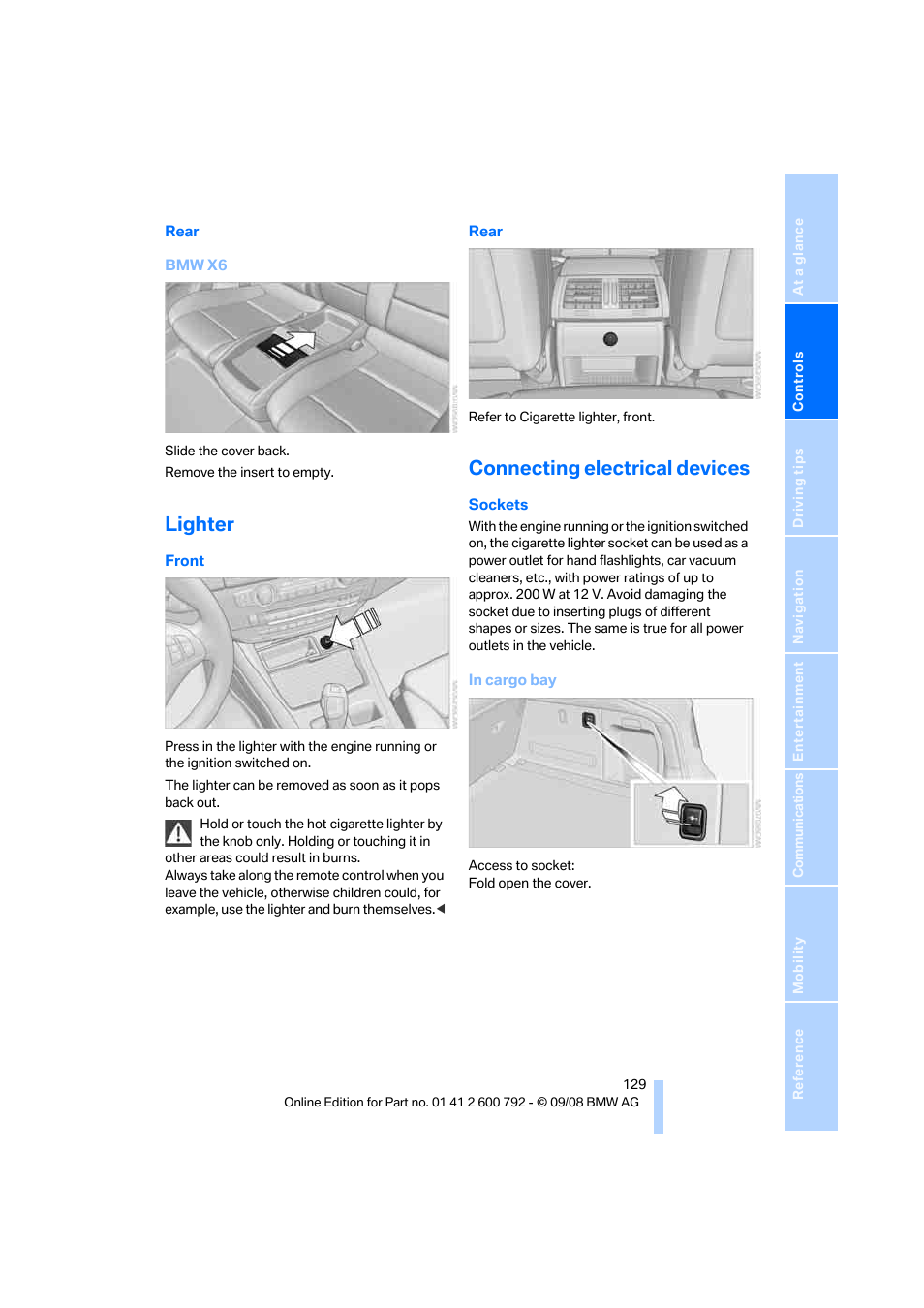 Lighter, Connecting electrical devices | BMW X5 xDrive35d 2009 User Manual | Page 131 / 317