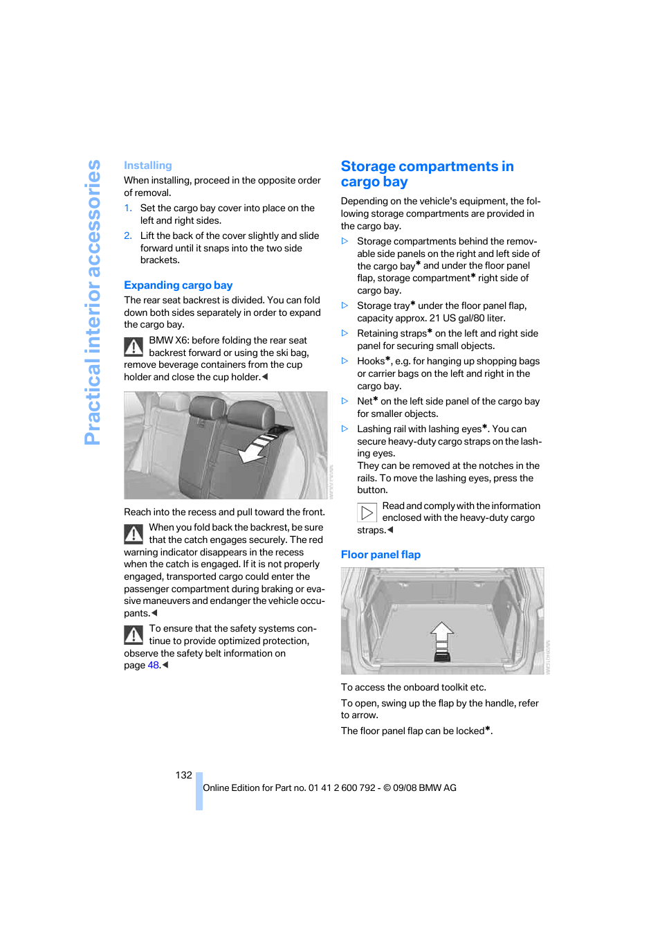 Storage compartments in cargo bay, Practical interior accessories | BMW X5 xDrive35d 2009 User Manual | Page 134 / 317