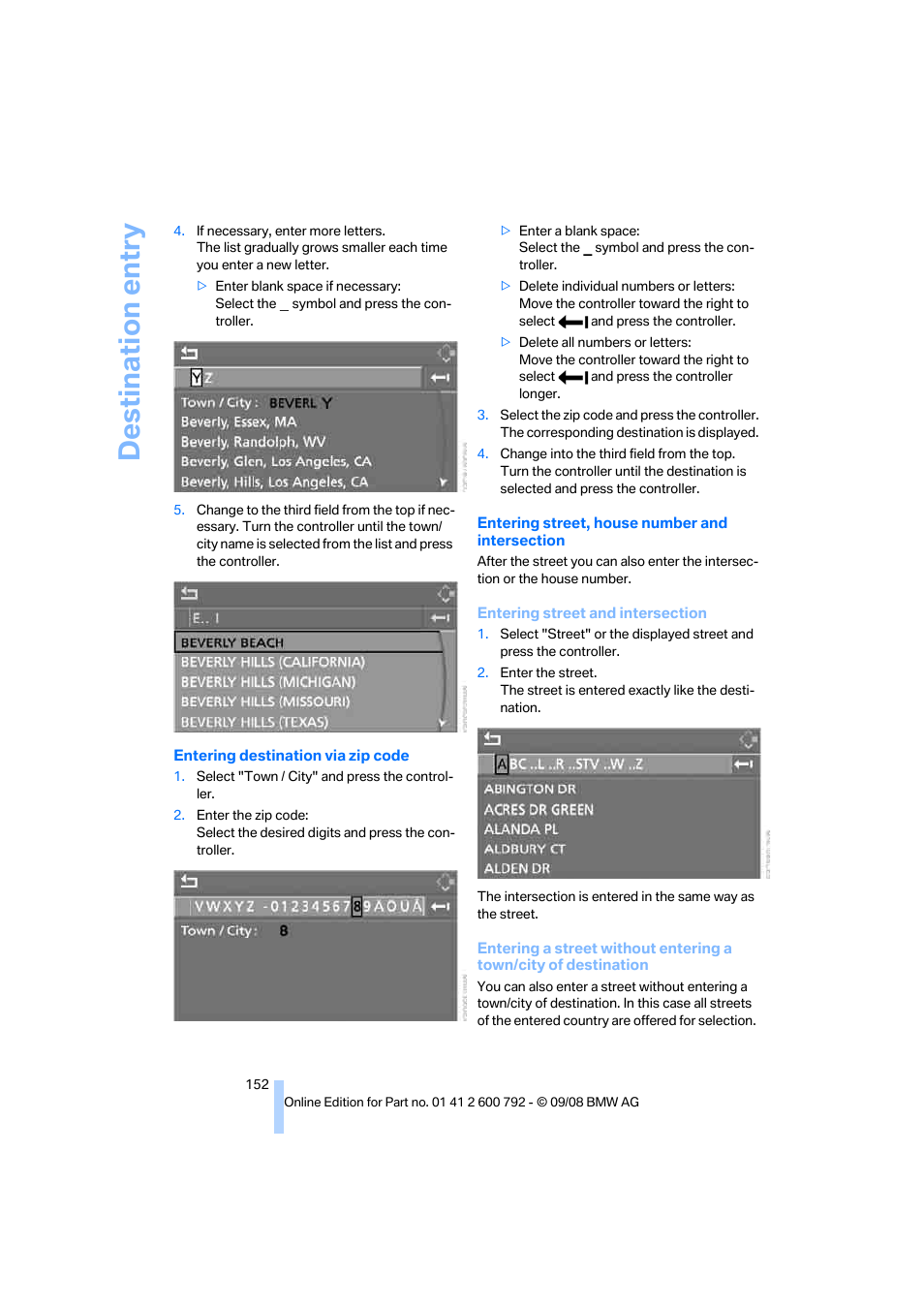 Destination entry | BMW X5 xDrive35d 2009 User Manual | Page 154 / 317