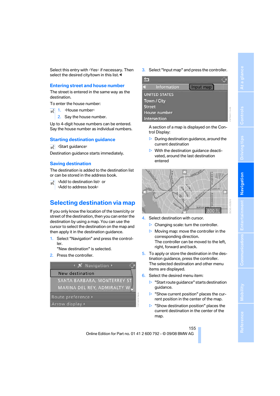 Selecting destination via map | BMW X5 xDrive35d 2009 User Manual | Page 157 / 317