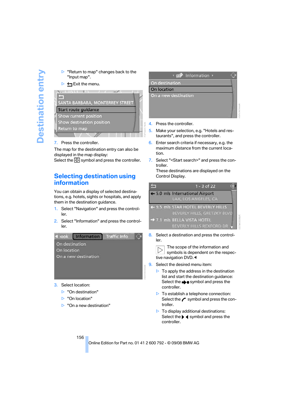 Selecting destination using information, Destination entry | BMW X5 xDrive35d 2009 User Manual | Page 158 / 317