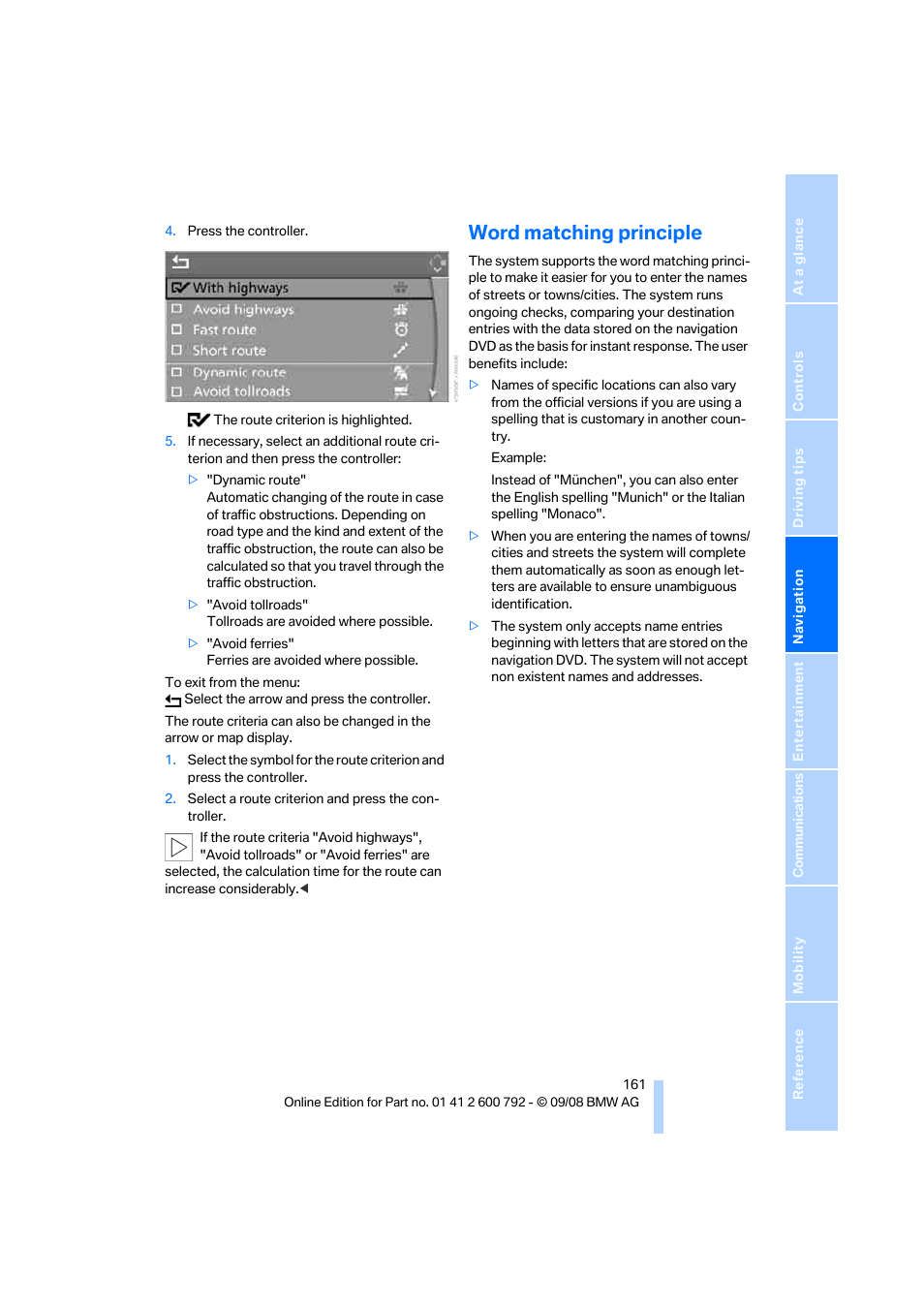 Word matching principle | BMW X5 xDrive35d 2009 User Manual | Page 163 / 317