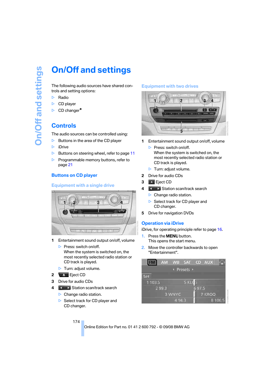 On/off and settings, Controls, Ente | Track | BMW X5 xDrive35d 2009 User Manual | Page 176 / 317