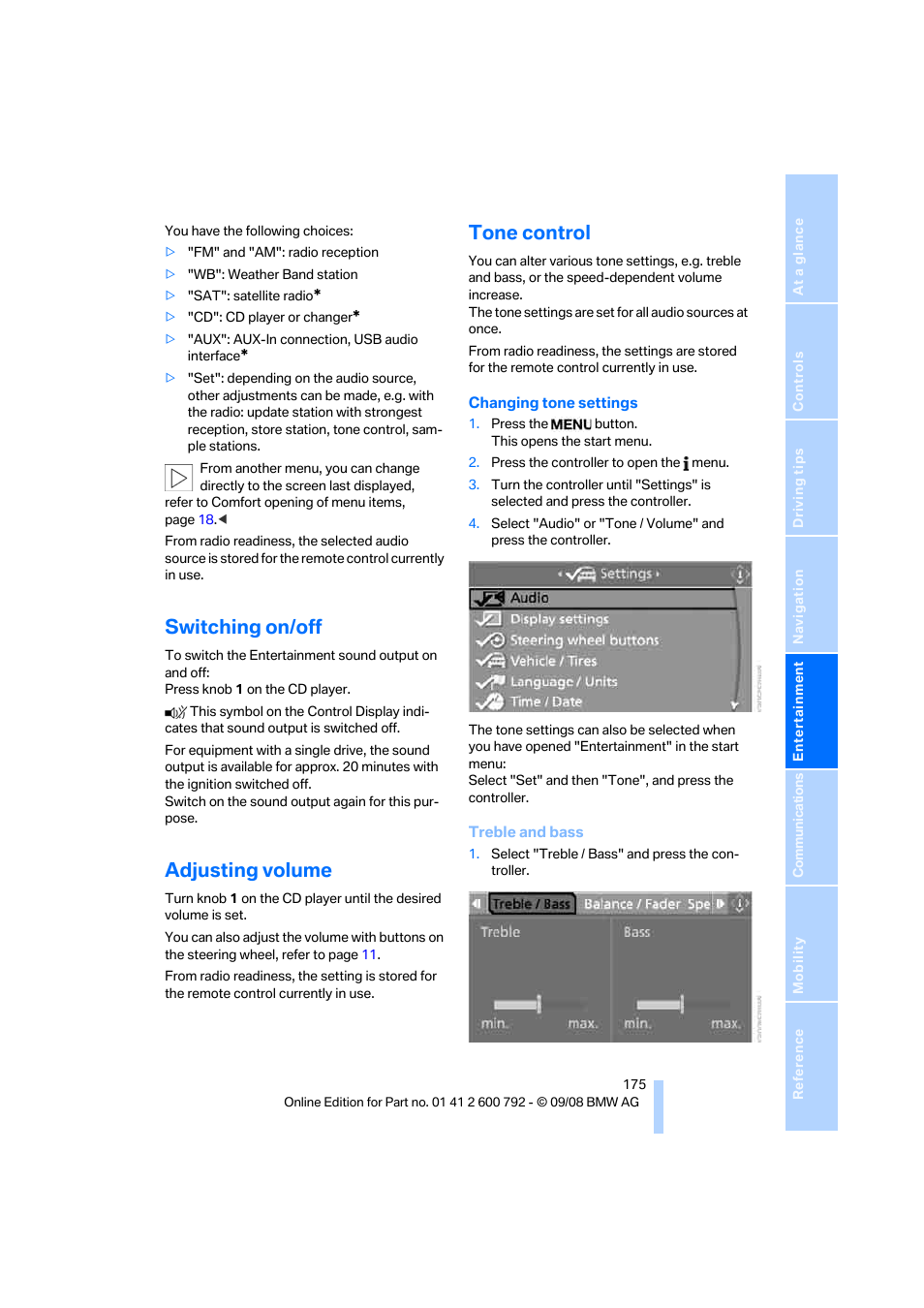 Switching on/off, Adjusting volume, Tone control | BMW X5 xDrive35d 2009 User Manual | Page 177 / 317