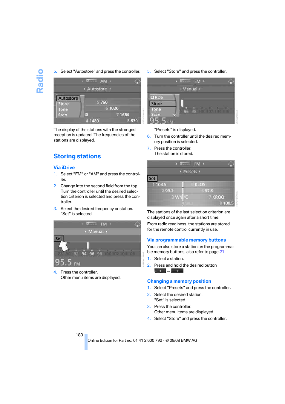 Storing stations, Radi o | BMW X5 xDrive35d 2009 User Manual | Page 182 / 317